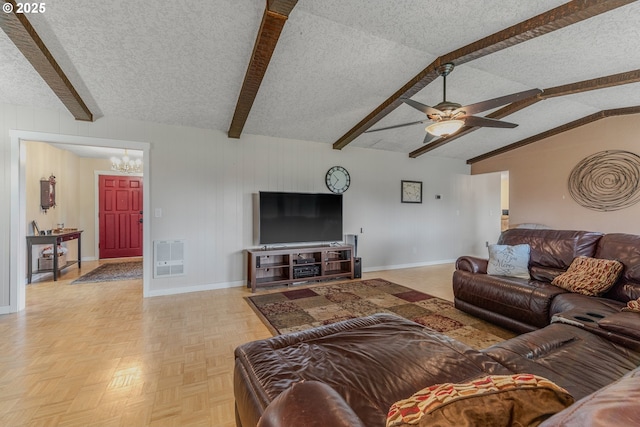 living room featuring ceiling fan with notable chandelier, light parquet flooring, lofted ceiling with beams, and a textured ceiling