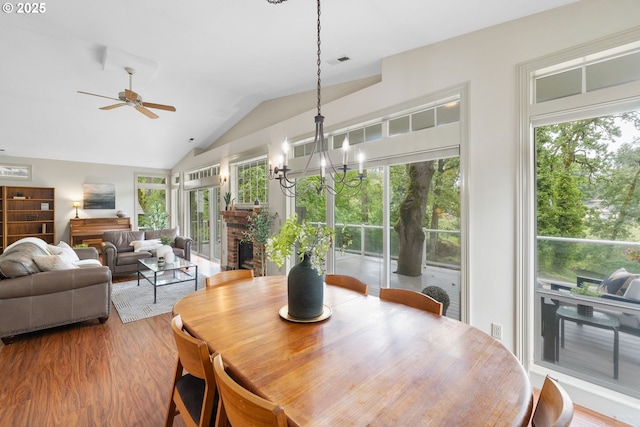 690 N Shepherd Rd, Washougal, WA 98671 - dining area with ceiling fan, wood finished floors, lofted ceiling, and healthy amount of natural light