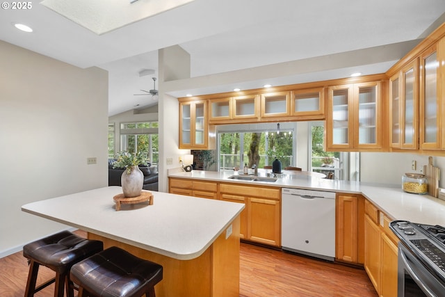 690 N Shepherd Rd, Washougal, WA 98671 - kitchen with white dishwasher, gas range, light wood-style floors, vaulted ceiling, and light countertops