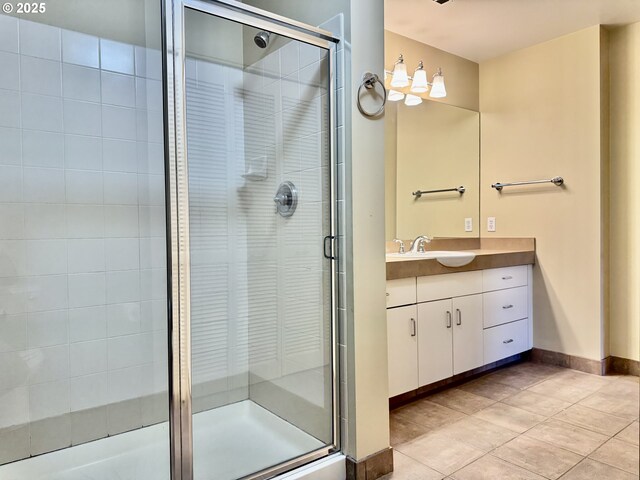 821 NW 11th Ave Unit 315, Portland, OR 97209 - full bathroom with tile patterned flooring, baseboards, a shower stall, and vanity