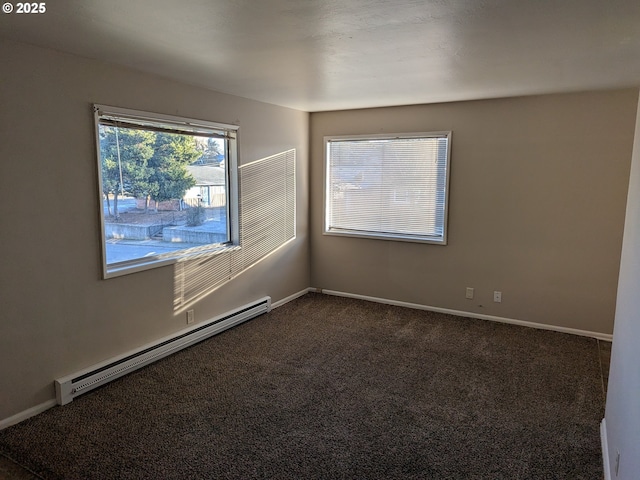 923 S Fir St, Salem, OR 97302 - empty room featuring baseboard heating, dark colored carpet, and baseboards