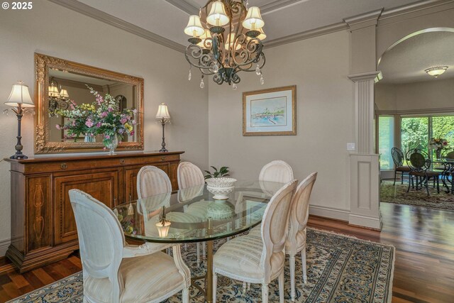 6147 Quail Hollow St, Salem, OR 97306 - dining space featuring wood finished floors, decorative columns, a chandelier, and ornamental molding