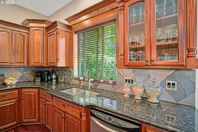 6147 Quail Hollow St, Salem, OR 97306 - kitchen with dishwasher, glass insert cabinets, dark stone countertops, brown cabinetry, and decorative backsplash