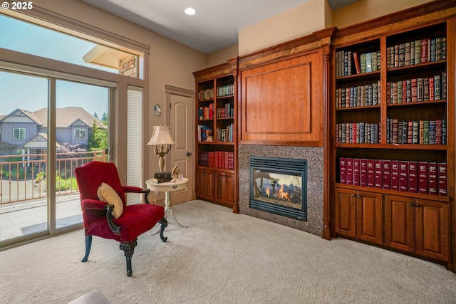 6147 Quail Hollow St, Salem, OR 97306 - living area featuring carpet flooring, plenty of natural light, a multi sided fireplace, and recessed lighting