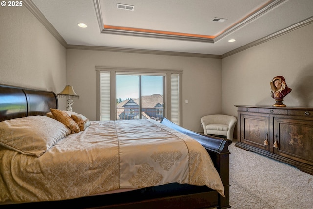 6147 Quail Hollow St, Salem, OR 97306 - carpeted bedroom with access to outside, crown molding, recessed lighting, and a raised ceiling