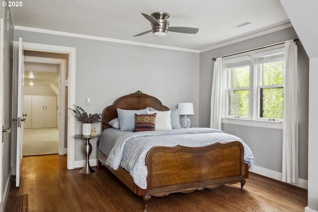 3622 NE Hassalo St, Portland, OR 97232 - bedroom with wood finished floors, crown molding, and a ceiling fan