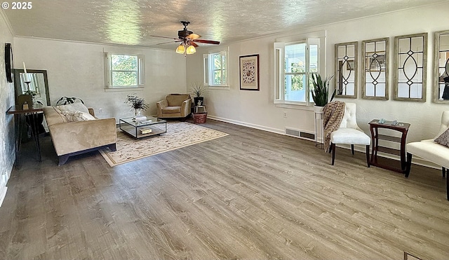 632 SW Utah St, Camas, WA 98607 - living area with a textured ceiling, wood finished floors, and a ceiling fan