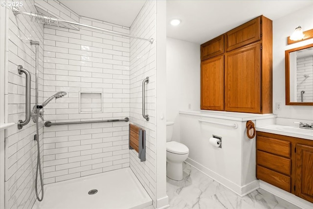 4623 SW Garden Home Rd, Portland, OR 97219 - full bath with toilet, a stall shower, vanity, marble look tile flooring, and recessed lighting
