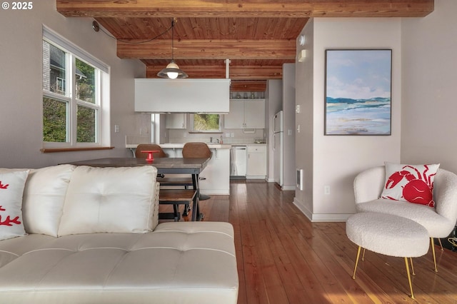 living area with beam ceiling, wooden ceiling, plenty of natural light, and wood-type flooring