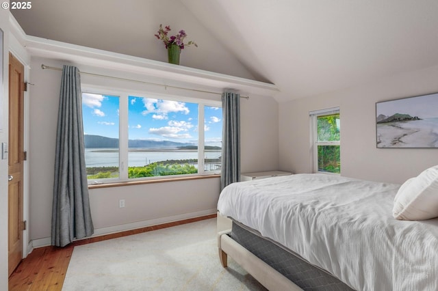 bedroom featuring a water view, light wood-style floors, baseboards, and vaulted ceiling