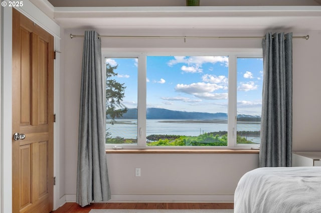 bedroom with multiple windows and a water view