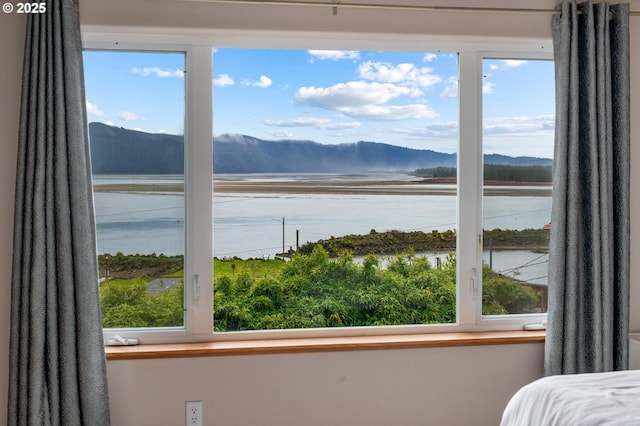 interior space with a mountain view