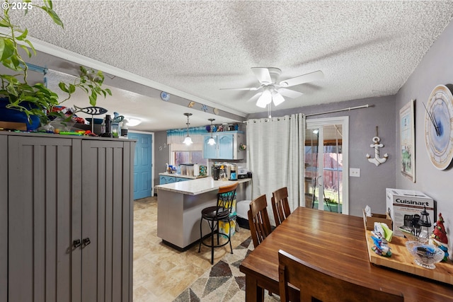 dining space with ceiling fan, a healthy amount of sunlight, and a textured ceiling