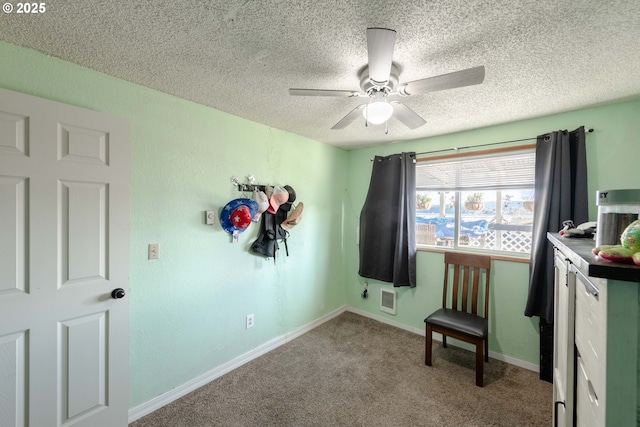 interior space featuring ceiling fan, light carpet, and a textured ceiling