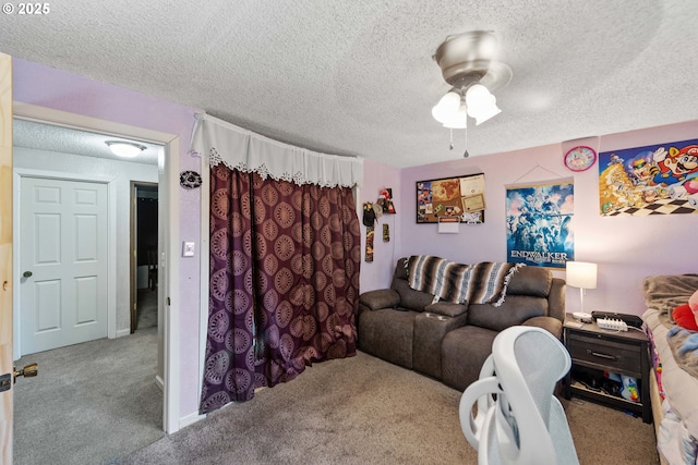 carpeted living room with a textured ceiling