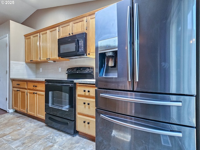 1684 NE 87th Ave, Hillsboro, OR 97006 - kitchen with black appliances, backsplash, lofted ceiling, light countertops, and light brown cabinets