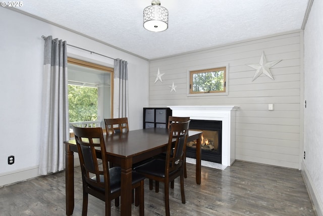 dining area featuring a textured ceiling, wood finished floors, a fireplace with flush hearth, wood walls, and baseboards