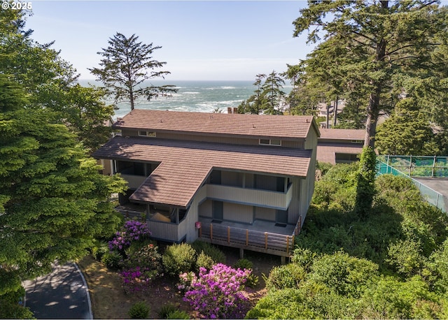 aerial view featuring a water view