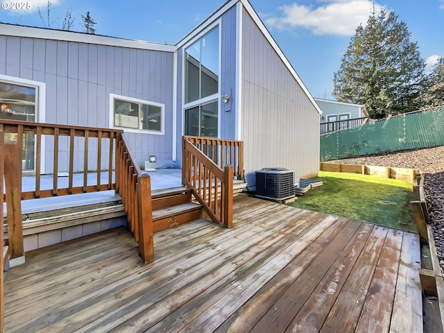 deck with central AC, a lawn, and fence