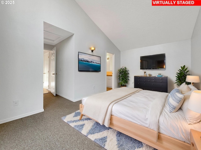 carpeted bedroom with high vaulted ceiling and baseboards