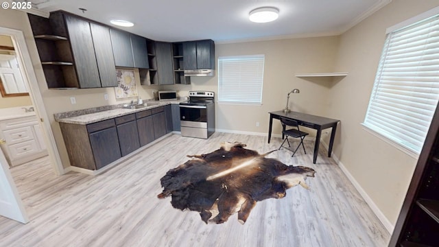 29847 Hillcrest St, Gold Beach, OR 97444 - kitchen featuring open shelves, stainless steel appliances, range hood, light wood-style flooring, and ornamental molding