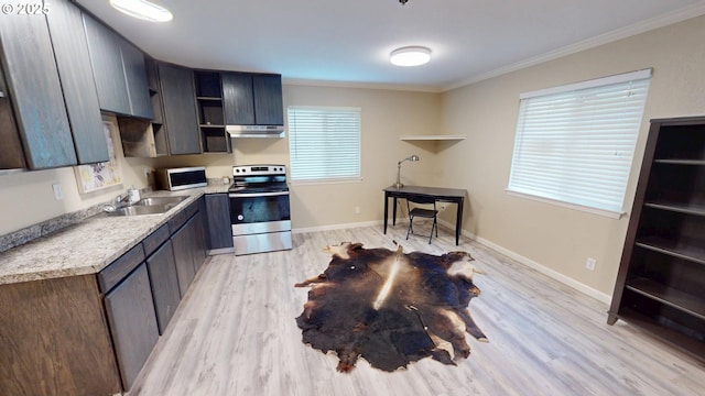 29847 Hillcrest St, Gold Beach, OR 97444 - kitchen with stainless steel range with electric stovetop, a sink, under cabinet range hood, open shelves, and light wood-style flooring