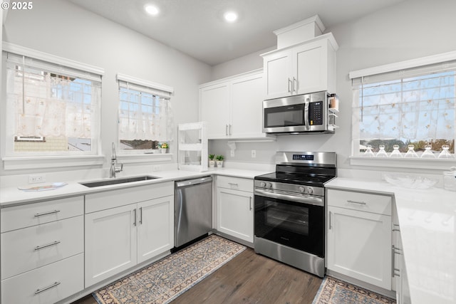 kitchen with appliances with stainless steel finishes, white cabinetry, dark wood-type flooring, and sink