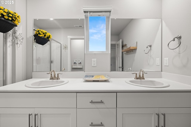 bathroom featuring vanity and a shower with door