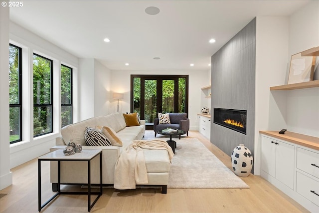 living room with a fireplace and light hardwood / wood-style flooring