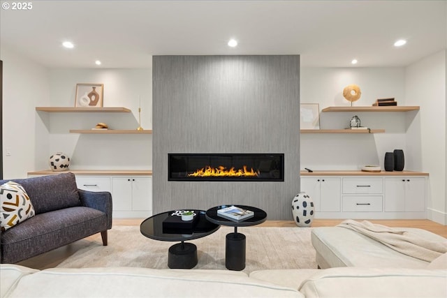 living room featuring a fireplace and light hardwood / wood-style floors