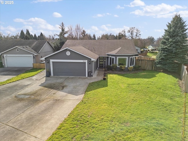 ranch-style home with driveway, a garage, a shingled roof, fence, and a front yard