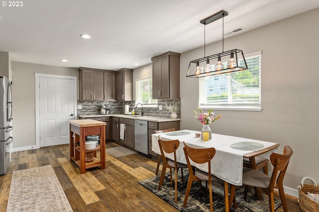 15915 SE Harold Ave, Milwaukie, OR 97267 - kitchen with stainless steel appliances, dark wood-style floors, dark brown cabinetry, decorative backsplash, and a sink