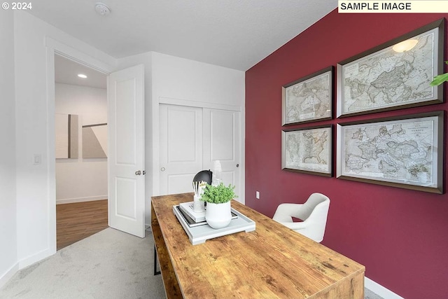 home office with carpet flooring, baseboards, and recessed lighting