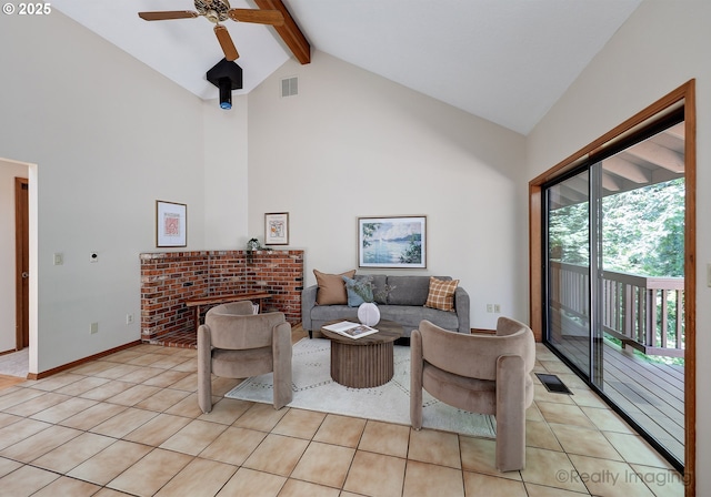 1929 SW Broadleaf Dr, Portland, OR 97219 - living area featuring high vaulted ceiling, beam ceiling, a ceiling fan, light tile patterned floors, and a brick fireplace
