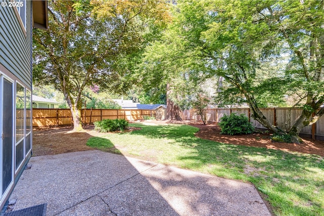 view of yard featuring a patio and a fenced backyard