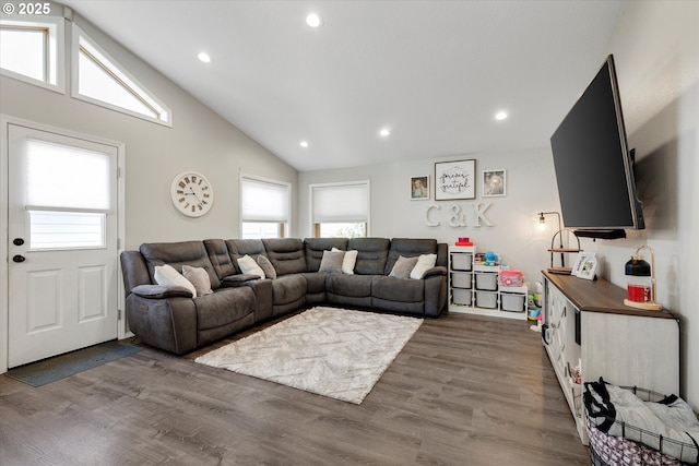 625 SE 7th Pl, Canby, OR 97013 - living room with recessed lighting, wood finished floors, and high vaulted ceiling