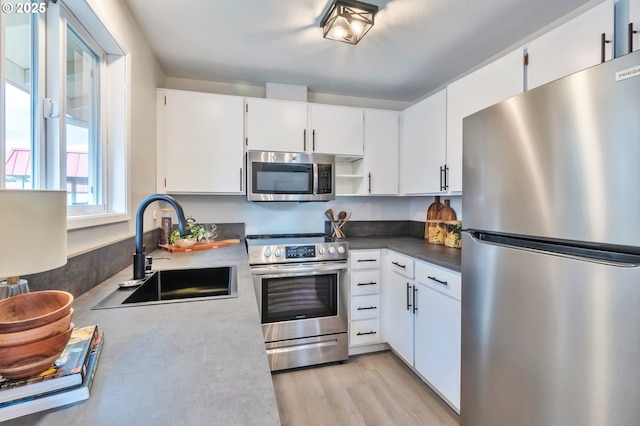 kitchen with white cabinetry, appliances with stainless steel finishes, sink, and light hardwood / wood-style floors