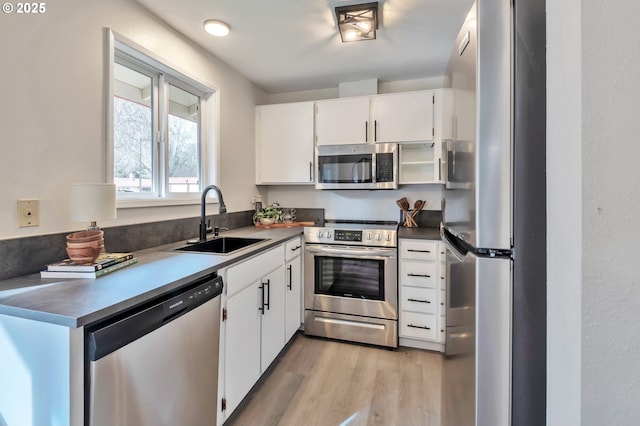 kitchen featuring white cabinetry, stainless steel appliances, light hardwood / wood-style floors, and sink