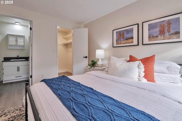 bedroom featuring wood-type flooring, a spacious closet, and sink