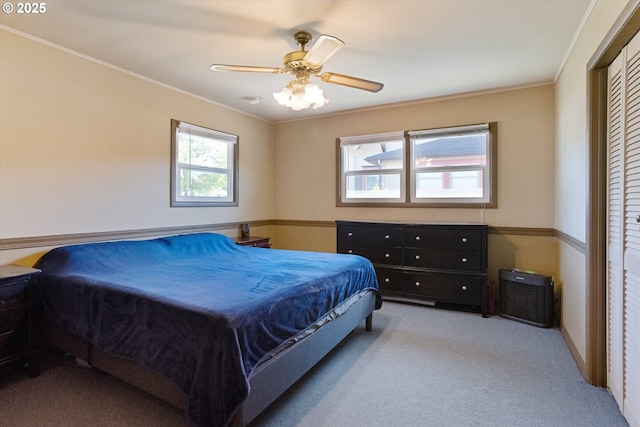 208 E 3rd St, Molalla, OR 97038 - bedroom featuring carpet floors, ornamental molding, ceiling fan, and a closet