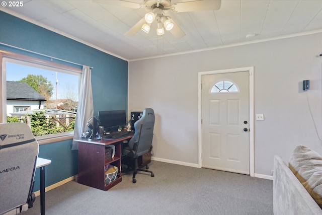 208 E 3rd St, Molalla, OR 97038 - office space featuring healthy amount of natural light, crown molding, a ceiling fan, carpet flooring, and baseboards