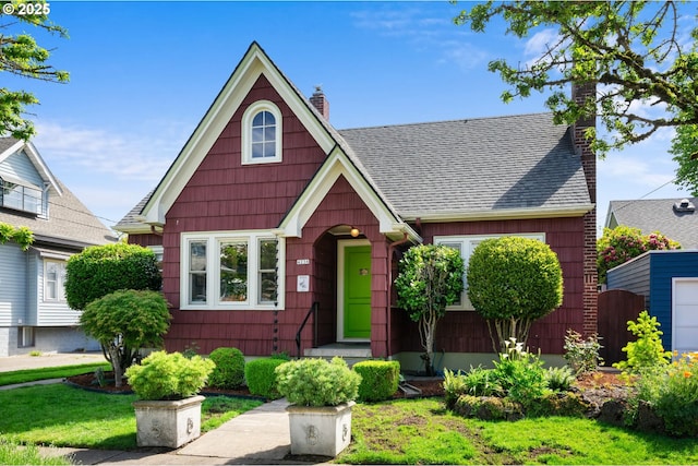 view of front of property featuring a chimney, roof with shingles, and a front lawn