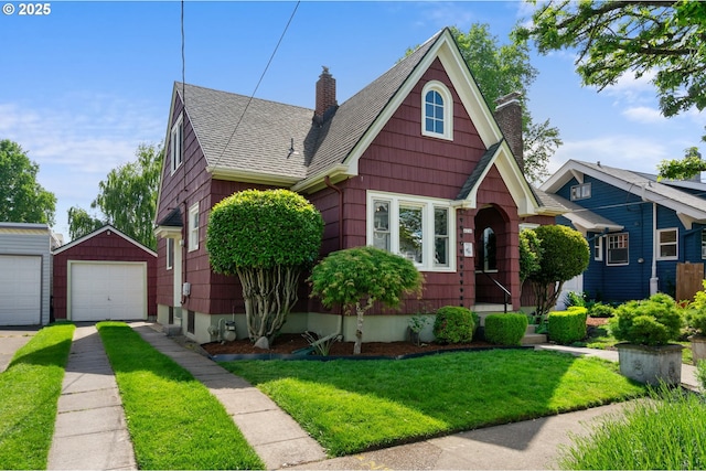 view of front of property featuring a chimney, a garage, roof with shingles, an outbuilding, and a front lawn