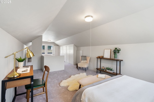 carpeted bedroom with vaulted ceiling