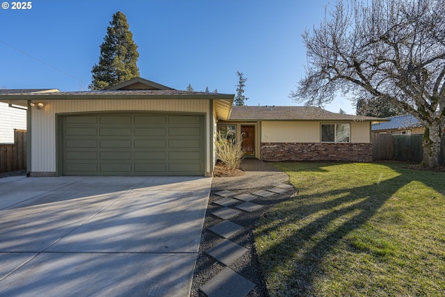 ranch-style house with a garage and a front lawn