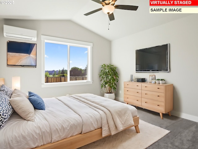 bedroom featuring baseboards, an AC wall unit, ceiling fan, vaulted ceiling, and light carpet
