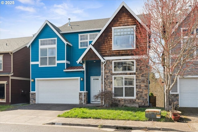 craftsman-style house with an attached garage, a shingled roof, driveway, and stone siding