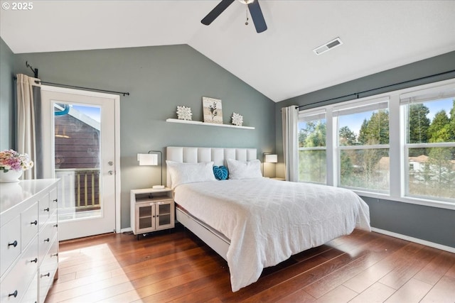 bedroom featuring visible vents, wood-type flooring, access to exterior, and vaulted ceiling