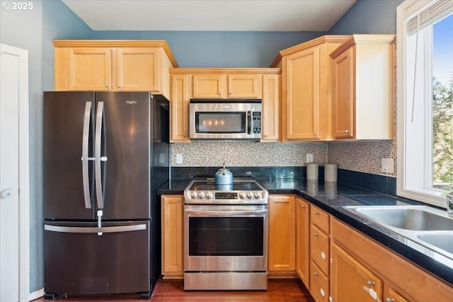 kitchen with decorative backsplash, a healthy amount of sunlight, and stainless steel appliances