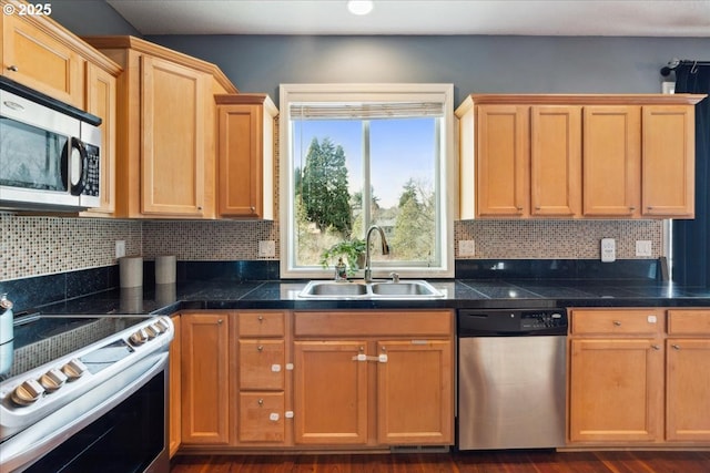 kitchen with a sink, tile counters, backsplash, and stainless steel appliances